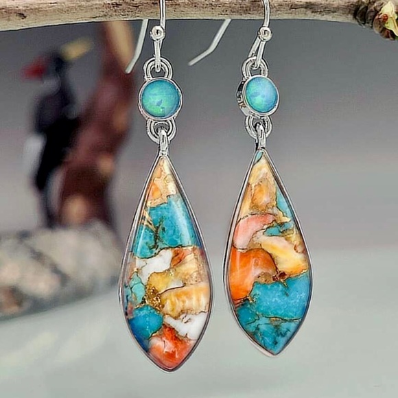 Geometric drop earrings with multicolor stone. - Picture 3 of 3